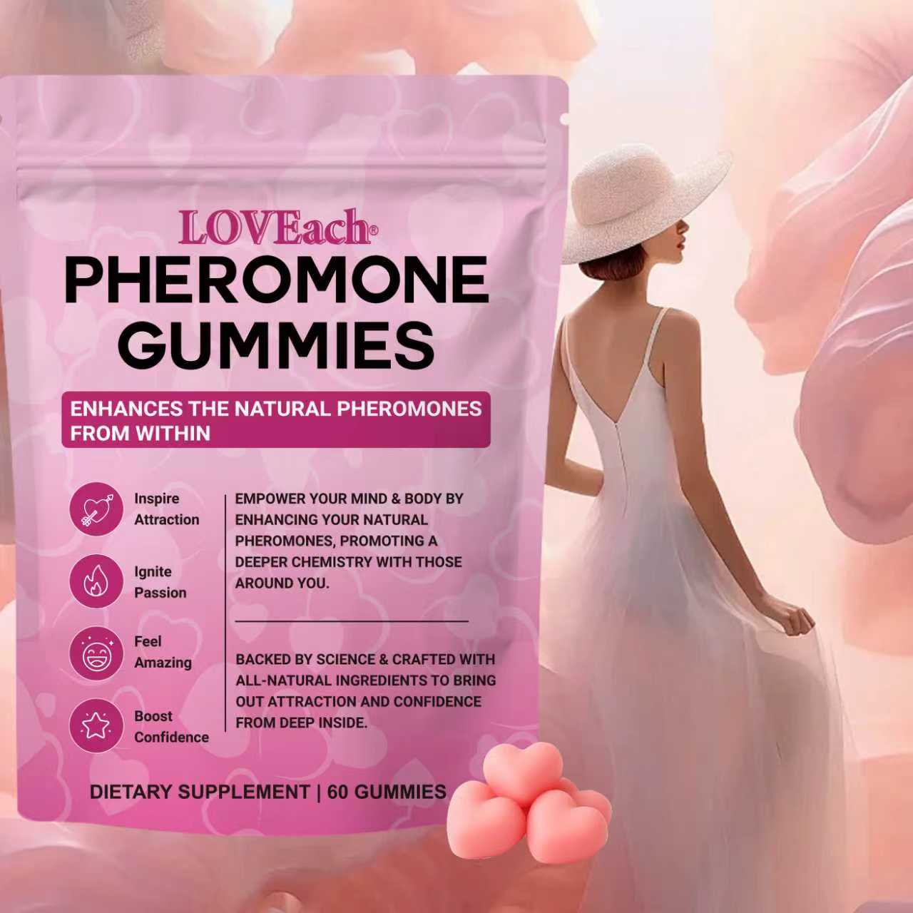 natural pheromone Pheromone Gummies for Women Enhance Your Charisma Natural Hormone Balance & Body Odor Support with Maca root, beetroot, mint leaves, parsley leaves, Slippery Elm Bark, fenugreek Red Clover& L-arginine Glow from Within 60Vegan Gummies