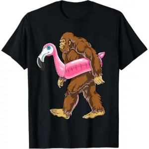 [100% Cotton]  Pool Party Bigfoot Flamingo Men Women Sasquatch Pink Float T-Shirt
