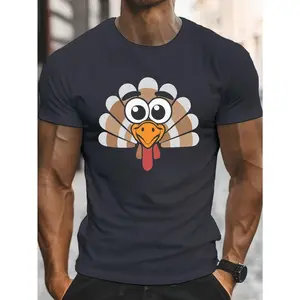 Men's Fun Turkey Face Print T-Shirt - Lightweight Summer Round Neck Short Sleeve Cartoon Turkey Design, Casual Comfortable Top, Suitable for Barbecue, Thanksgiving, and Daily Wear - Machine Washable Turkey Costume Party Outfit
