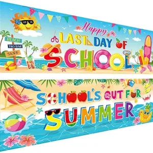 2 Pcs School's Out for Summer Banner 13.8x38.6 Inch Happy Last Day of School Welcome Banner for Classroom Summer Pool Party Vacation Party Celebration Decor