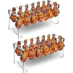 Chicken  Rack for Grill 14 Slots - 2- Set Professional Grade Stainless Steel Chicken Drumstick Holder- Metal Chicken  Rack for  Oven BBQ