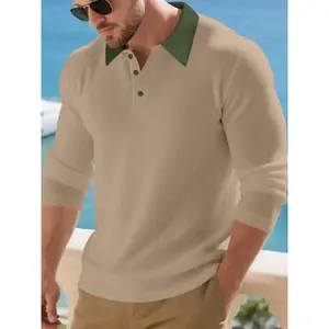 Men’s colorblock long-sleeve polo shirt, casual business knitwear, loose fit comfortable fashion, spring and fall wear