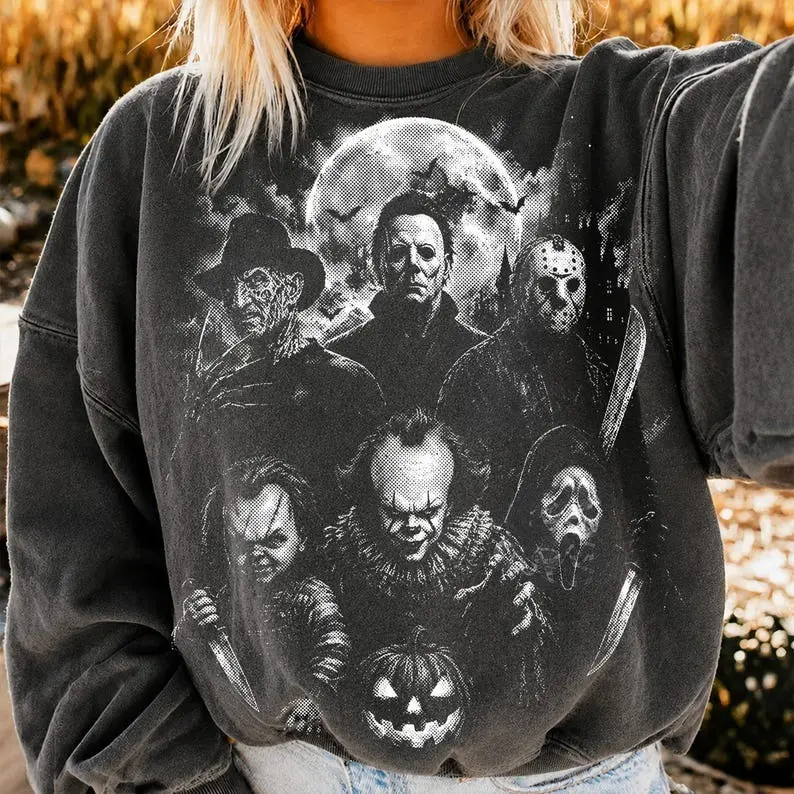 Classic Halloween Horror Characters Sweatshirt, Vintage Halloween Sweatshirt Graphic, Spooky Season Halftone Sweatshirt, Vintage Scary Movie, Retro