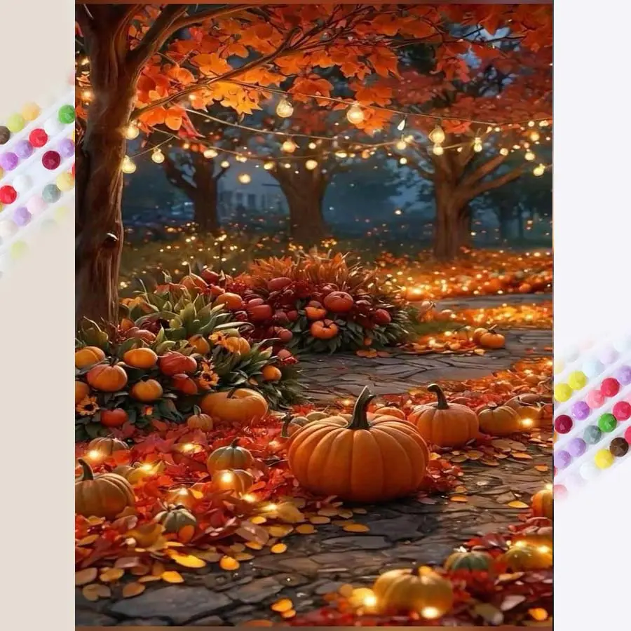 1 DIY diamond painting kit, 5D diamond art kit, DIY decoration, pumpkin, falling leaves, lights. Diamond painting kit with full round diamonds, mosaic, diamond art, DIY art home decoration, handicraft, handmade gifts, suitable for Christmas.