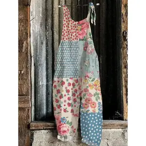 Women's Spring/summer Casual Jumpsuit with Floral Pattern Patchwork Design, Bohemian Comfortable Vacation for Holiday Travel Floral Print Overalls