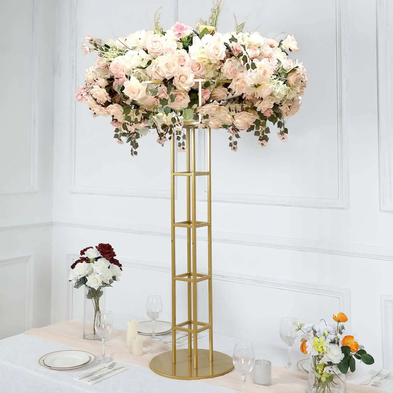46" Gold Metal Floral Riser - Open Frame Grand Halo Top Pedestal, Festive Wedding Centerpiece for Floral Display Ornaments, Flower Decor, Room Decor