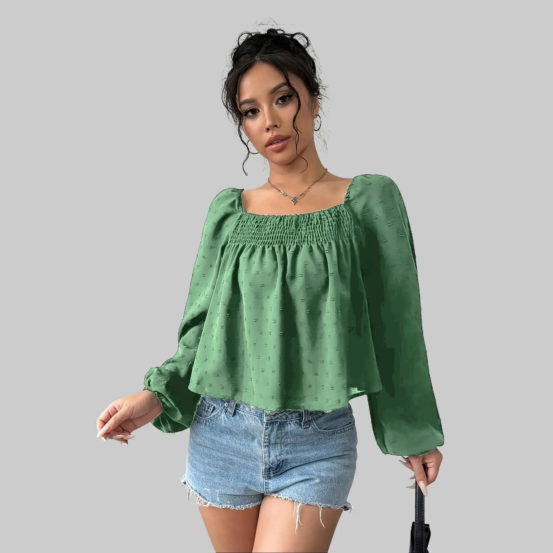 Chic Women's Long Sleeve Shirt Green Smock Square Neck Blouse Casual Wear Loose Fit Durable Material Minimalist Style Basic Top Womenswear