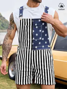 Unisex American Flag Element Loose Denim Jumpsuit, Star Striped Print, Adjustable Shoulder Straps, Large Pockets, Casual Summer Style