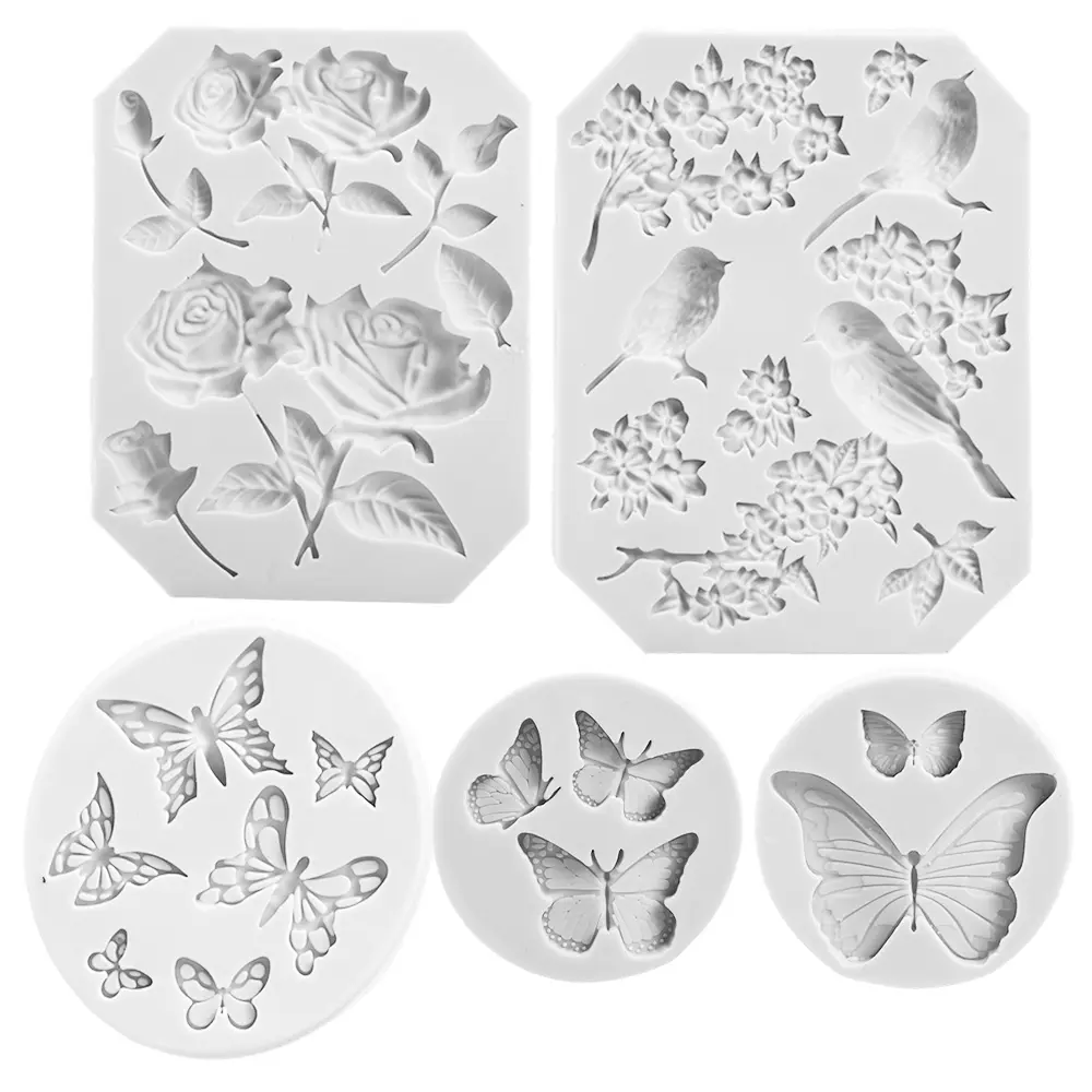 5-Pack Shaped Silicone Reusable Mold - Butterfly, Rose Flower Stems, Bird Blossoms Designs for Cake Decoration, Chocolate Making, DIY Crafts (Home & Party Supplies)