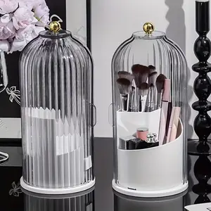 Toothbrush and Makeup Brush Organizer - Dustproof Toothbrush Holder with Lid, Toothbrush Protector, Rotating Electric Toothbrush and Toothpaste Holder for Bathroom Countertop, 3-Compartment Transparent Makeup Brush Storage Box for Vanity