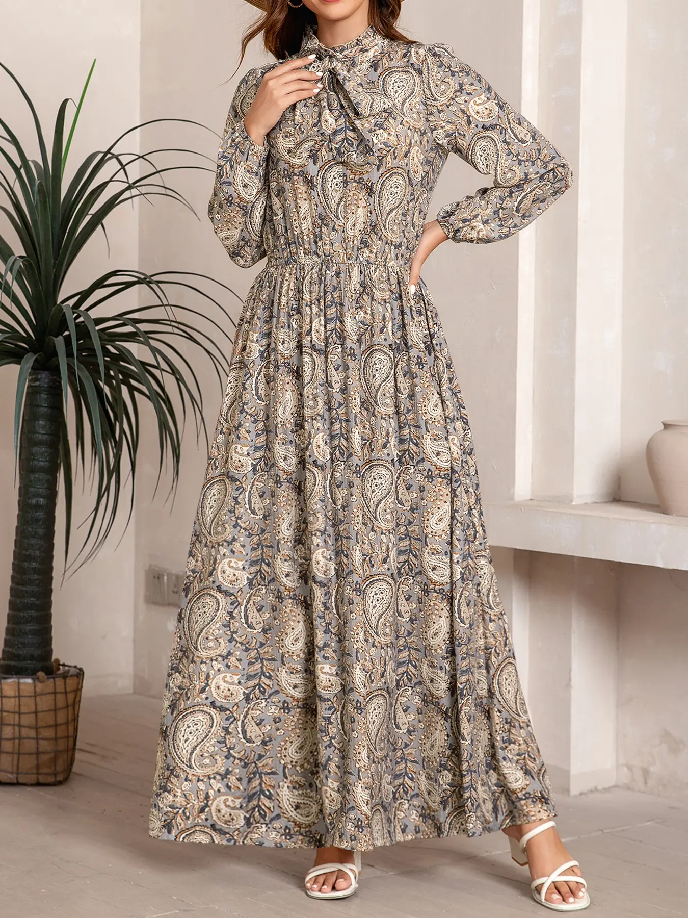 Mulvari Floral Long Robe with Bow Tie, Elegant, Feminine Design for Casual Wear or Gift, Comfortable, Stylish and Loose Women's Loungewear, Long Sleeve, Gowns, Womenswear