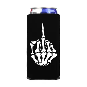 Funny Halloween Slim Can Cooler - Skeleton Middle Finger Skinny Coolie- Halloween Party Drinking Accessory for Spiked Seltzer - Slim Coolies Drinkware