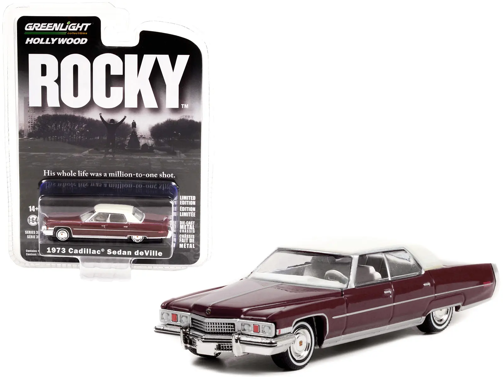 1973 Cadillac Sedan DeVille Burgundy w/White Top "Rocky" (1976) Movie "Hollywood Series" 1/64 Diecast Model Car by Greenlight