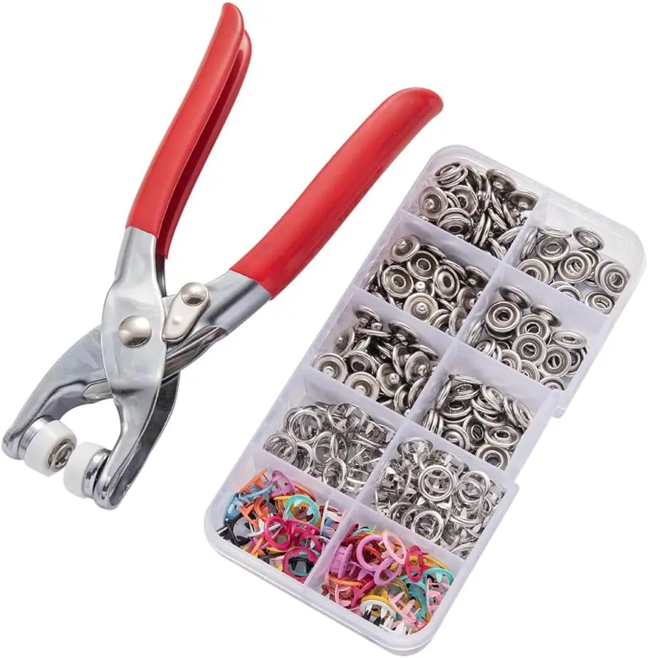 Snap Button Kit with 100 Metal Snaps and Hand Press Pliers, No-Sew Fasteners in Assorted Colors with Organizer Box for Garment Repair, Fabric Pouches and DIY Crafts