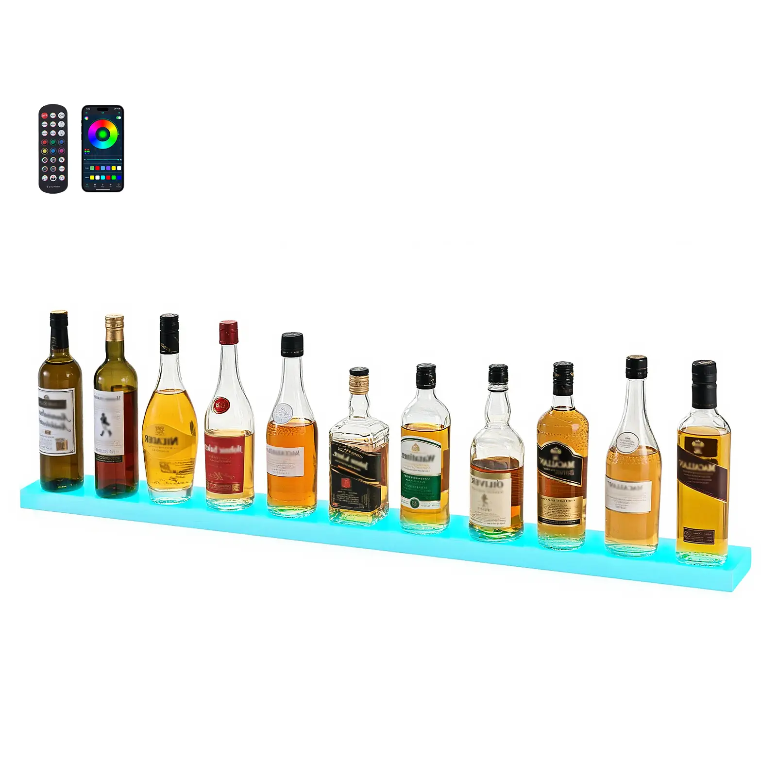 【Summerfinds】VEVOR LED Lighted Liquor Bottle Display Shelf, Single Tier 48" Long Whiskey Rack, Holds 12 Bottles, USB-Supported, RF Remote & App Control, 7 Static Colors, Music-Sync Lighting Acrylic Home Bar Shelf