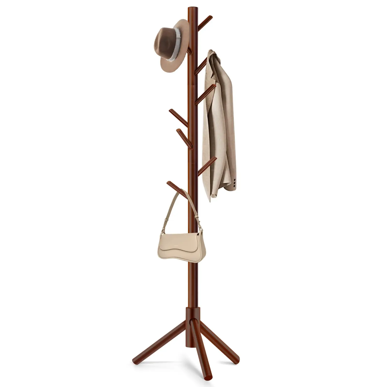 Sturdy Freestanding Wooden Coat Rack with 8 Hooks (6.6lb per Hook), 3 Adjustable Sizes, 18.5" x 18.5" Clothes Storage, 53lb Capacity for Bedroom, Office Holds Hats, Scarves, Bags