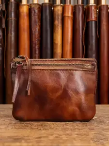 Vintage Leather Coin Purse, Handmade Distressed Craftsmanship, Punk Style Design, All-Seasons Accessory, Plain Pattern Pockets