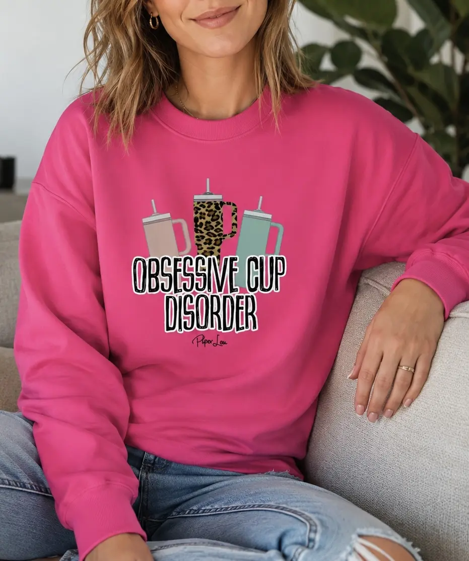 Women's Fitted Casual Crew Neck Graphic Polyester Sweatshirt - Soft Cotton Knit Polyester-Spandex Yarn Top with Obsessive Cup Disorder Print for Athletic, Everyday Wear, Fabric, Round Neck