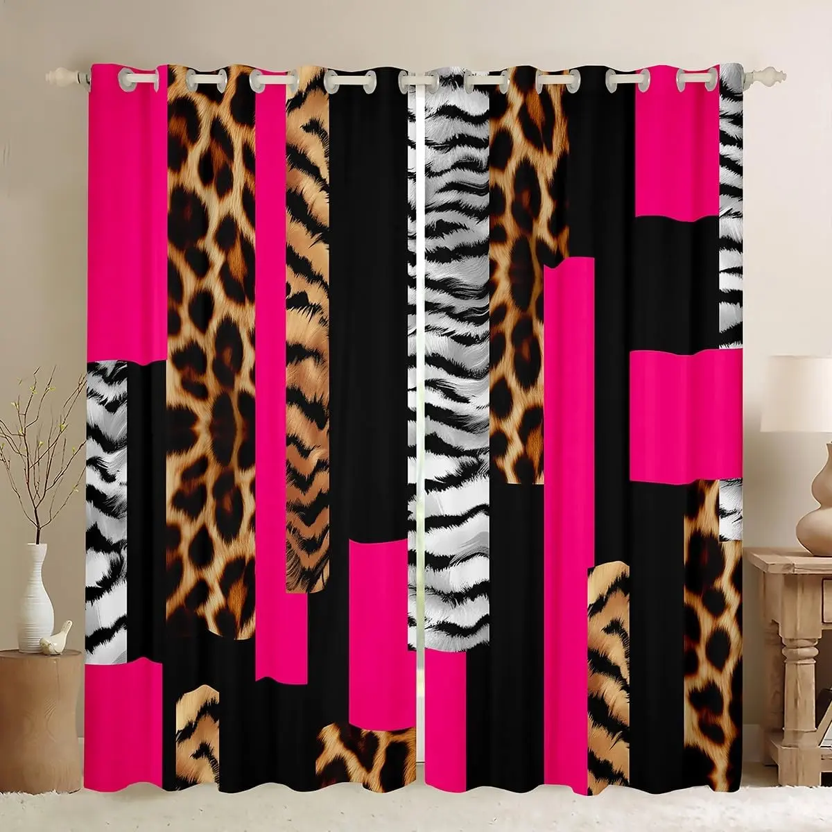 Leopard Curtains for Bedroom Living Room Cheetah Hot Pink Black Blackout Curtains (2 Panels) Animal Fur Print Darkening Dreapes Decor Safari Window Treatments Zebra