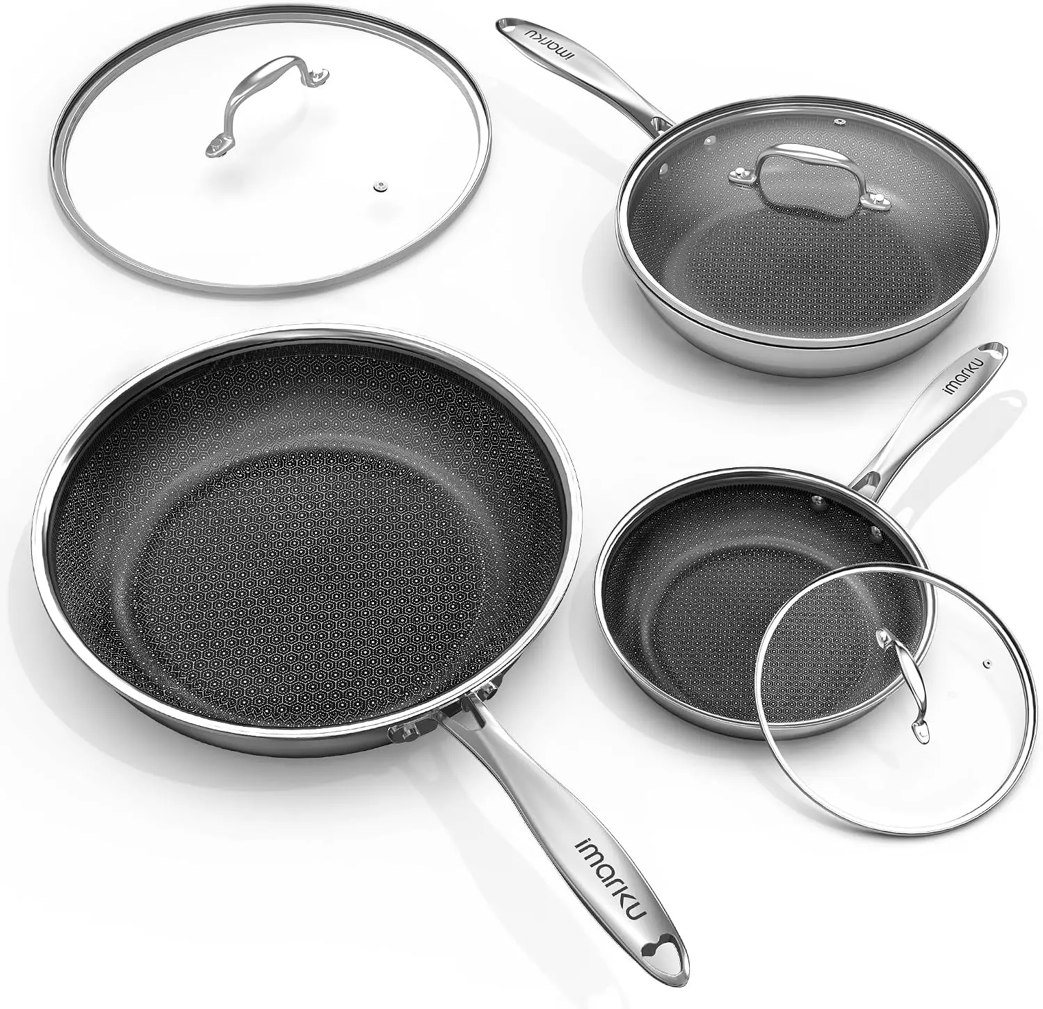 imarku Non Stick Frying Pan Set with Lids, PFOA Free 8/10/12 Inch Skillets | 6 Pcs Ceramic-Coated Hybrid Stainless Steel Cookware Set, Dishwasher Friendly, Oven Safe, Induction Ready, for Men & Women