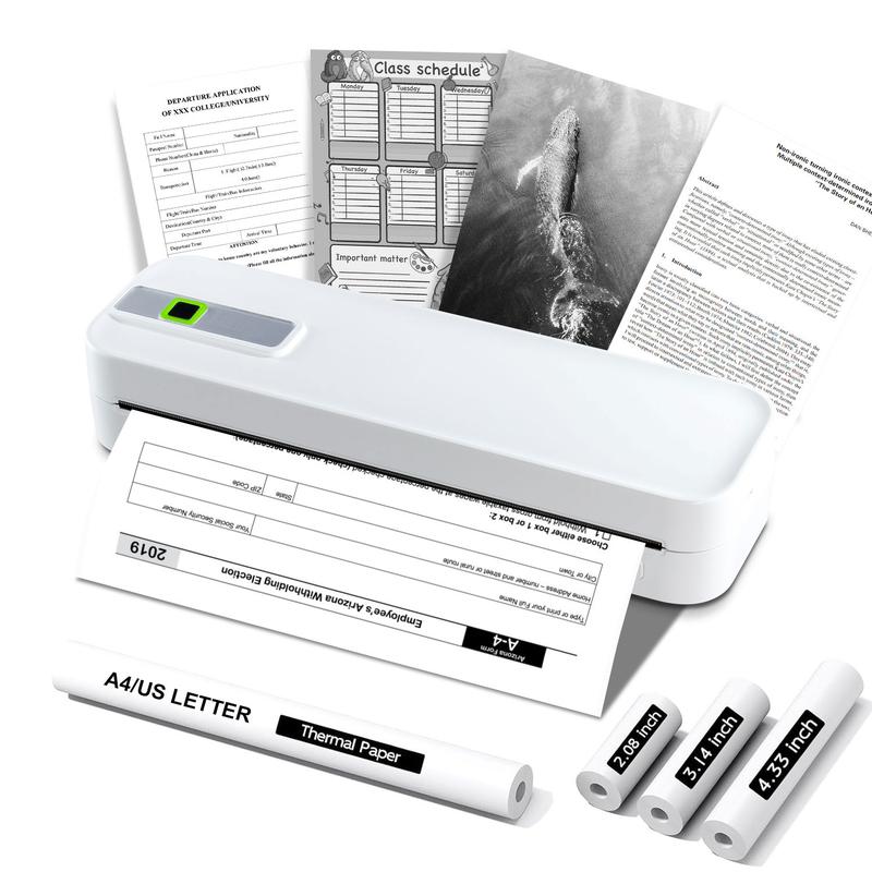 Portable Inkless Thermal Printer, Supports A4 Paper Size, Prints Resumes, Music Sheets, Exam Papers, Compatible with iOS & Laptops
