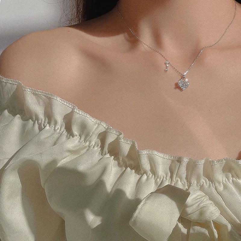 Women's New 925 Sterling Silver Heart-Geometric Pendant Choker Necklace, Fine Jewelry for Birthday Party Gifts