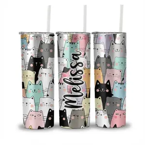 Personalized Cat Skinny 20oz Tumbler with Lid & Straw, Insulated Stainless Steel Cat Travel Cup, Cute Cat Mom & Cat Lover Gift for Women
