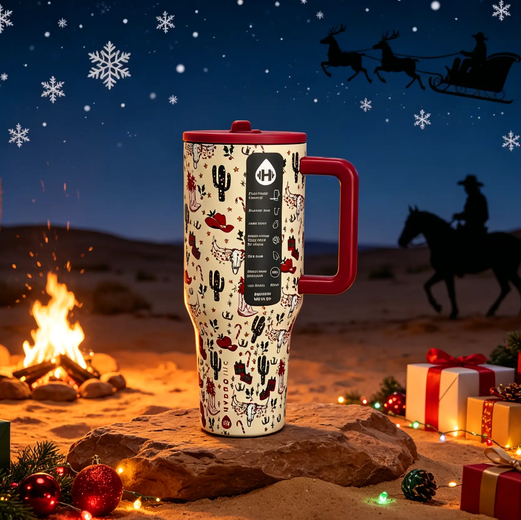 HydroJug 40oz Cowboy Christmas Insulated Vacuum Flask - 1000-2000ml Print Design, 7-12 Hours Temperature Control, Ergonomic Handle, Portable Water Bottle for Travel & Sport (Kitchenware Drinkware)