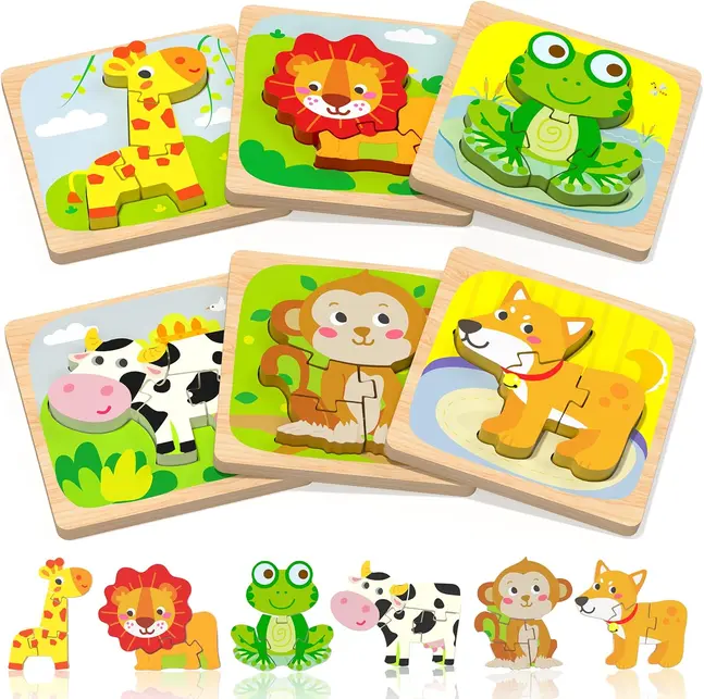 6 PCS Wooden Animal Puzzle Set for Toddlers | Montessori Learning Toys for Ages 1-3 | Preschool Educational Matching Puzzles for Boys & Girls