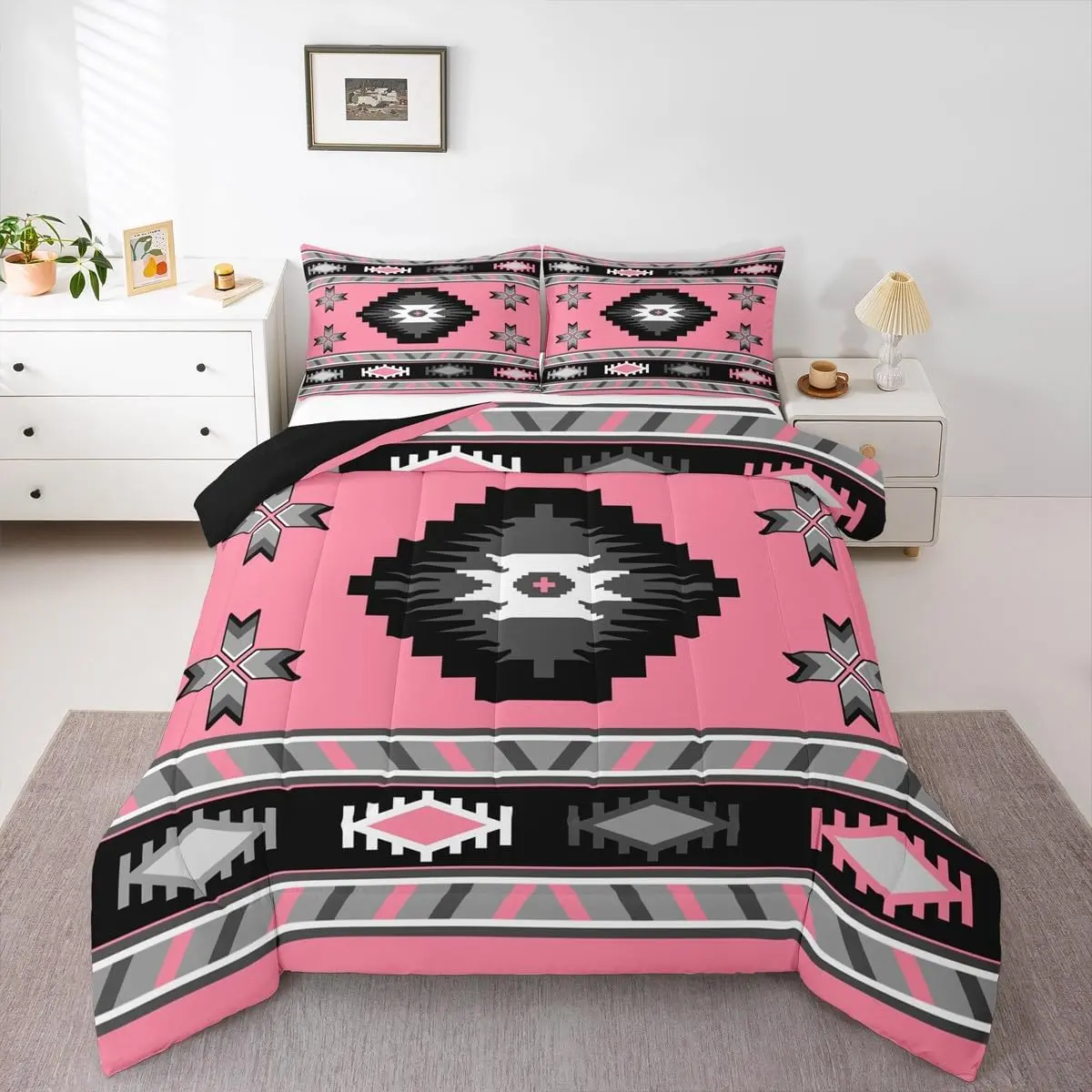 Western Comforter Set for Girls Women,Bohemian Pink Black Tribal Bedding Set for Teens Adult,Retro Ethnic Aztec Bed Set,Exotic Comforter, Bedroom Bedding Set, Soft Bedding Sets