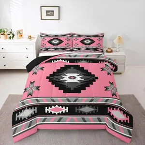 Western Comforter Set for Girls Women,Bohemian Pink Black Tribal Bedding Set for Teens Adult,Retro Ethnic Aztec Bed Set,Exotic Comforter