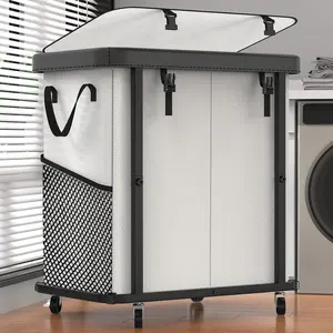 190L (50 Gal) Large Fashion Laundry Basket with Wheels, Patchwork Rolling Hamper Carts, Sturdy Frame, Removable Washable Bag, Tall Clothes Sorter for Bedroom, Laundry Room - Beige