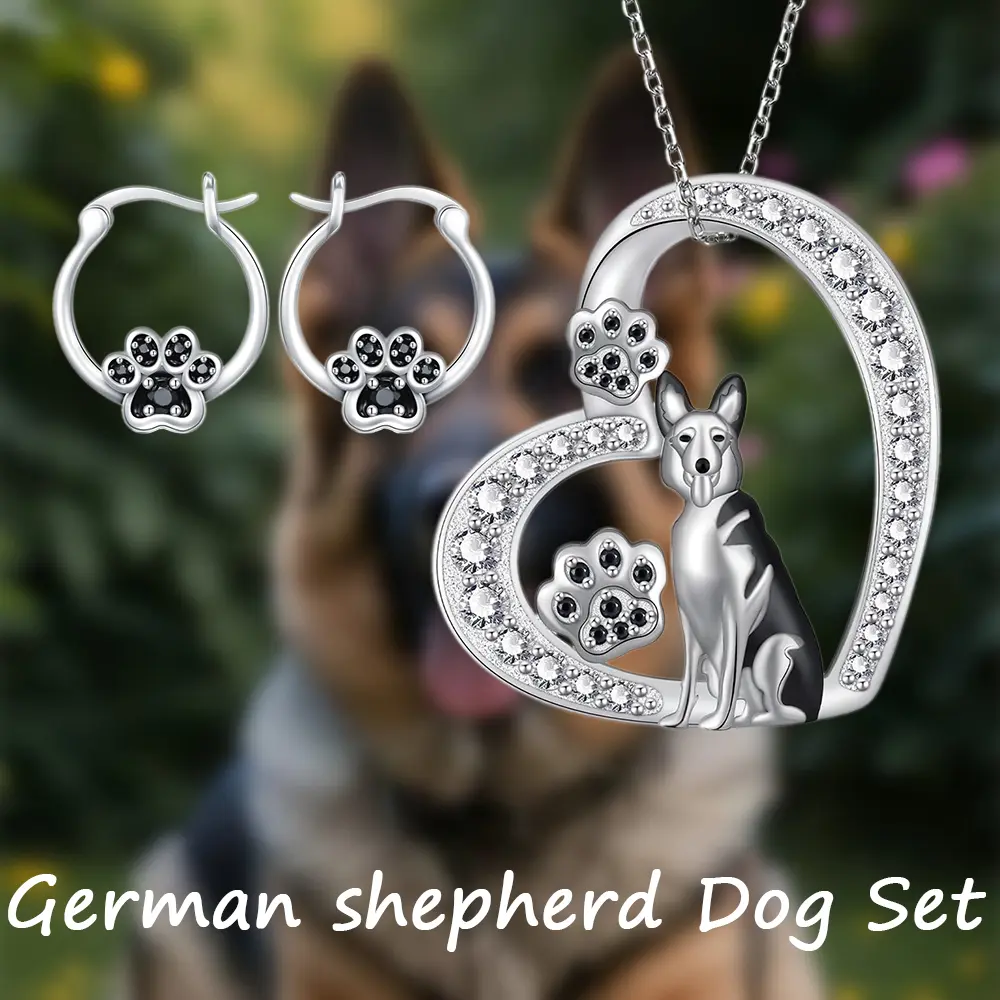 Pet Lover 3-Piece Alloy Jewelry Set - Cute German Shepherd Heart Pendant & Paw Hook Earrings, Creative Unique Daily Accessory Gift for Her, Birthday Present