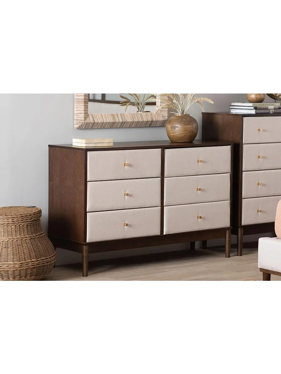 Baxton Studio Nikolai Mid-Century Modern Dresser - 6-Drawer Wooden Chest of Drawers, Beige & Wenge Brown Fabric Cabinet