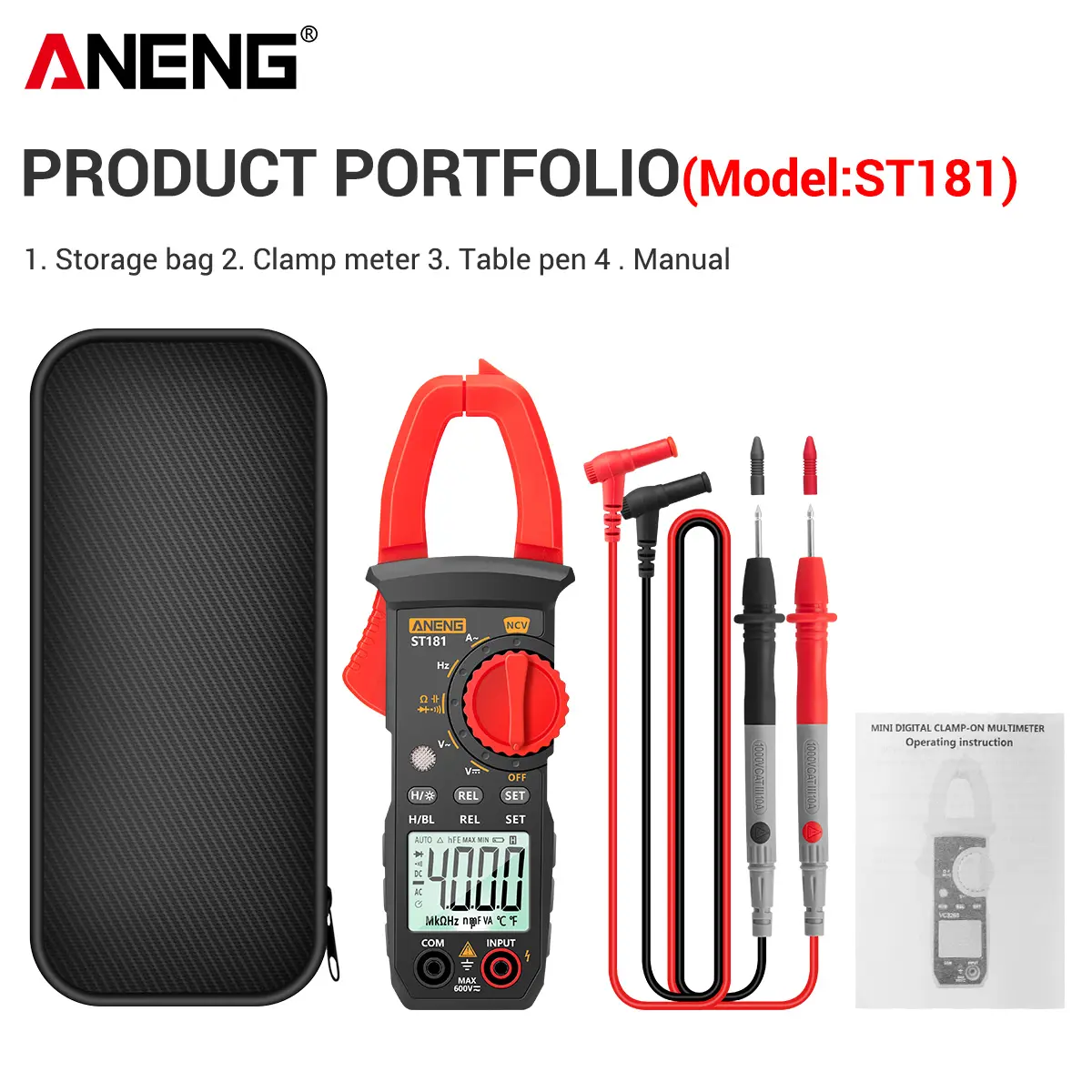 ANENG ST181 4000-Count True-RMS Clamp Multimeter Full Kit Set, Auto-Ranging AC/DC Voltage & AC Current Tester, Non-Contact Voltage, Temperature, Continuity, Resistance, Diode Measurement, with Storage Bag & Instruction Manual for Troubleshooting, 1*Multim