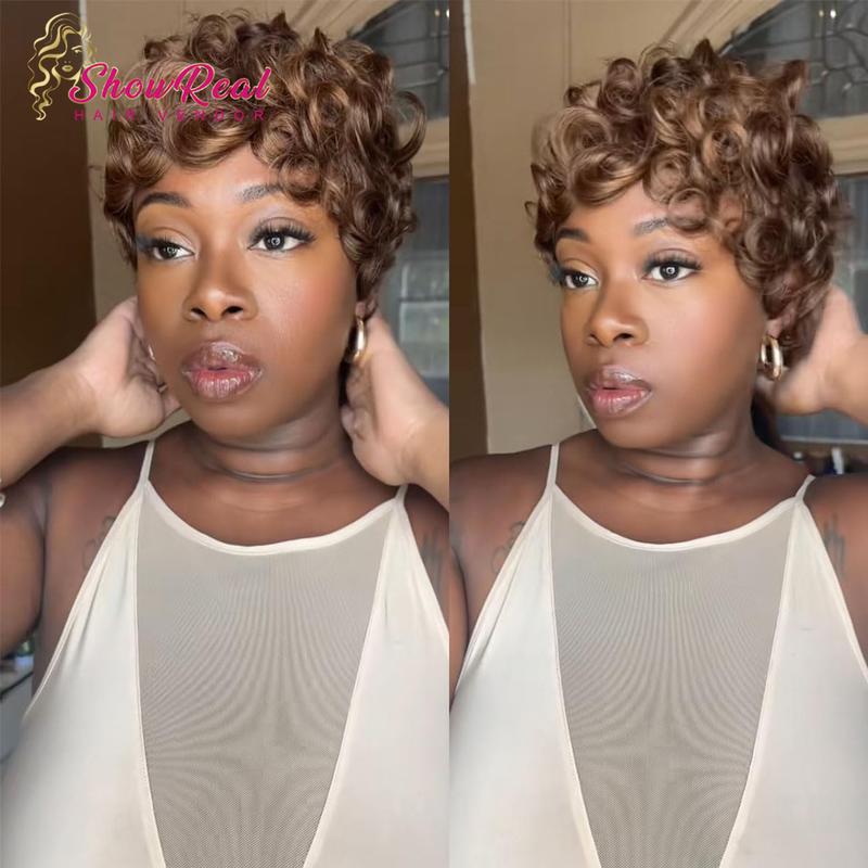 ShowRealHair 025 Pixie Cut Wig for Black Women Pin Curls Short Bomb Curly Wigs Brazilian Virgin Human Hair Short Curly Pixie Wigs Pixie Cut Layered Wig Natural Black Short Wigs for Black Women Short Glueless Wig