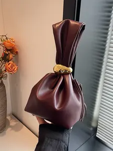 Women's PU Leather Handbag, Burgundy Ancora Design, Mini Cloud Pleated Handheld Bag, Hobo Crossbody Purses, Metal Decor Zipper Closure, Ideal for Daily & Outdoor Use