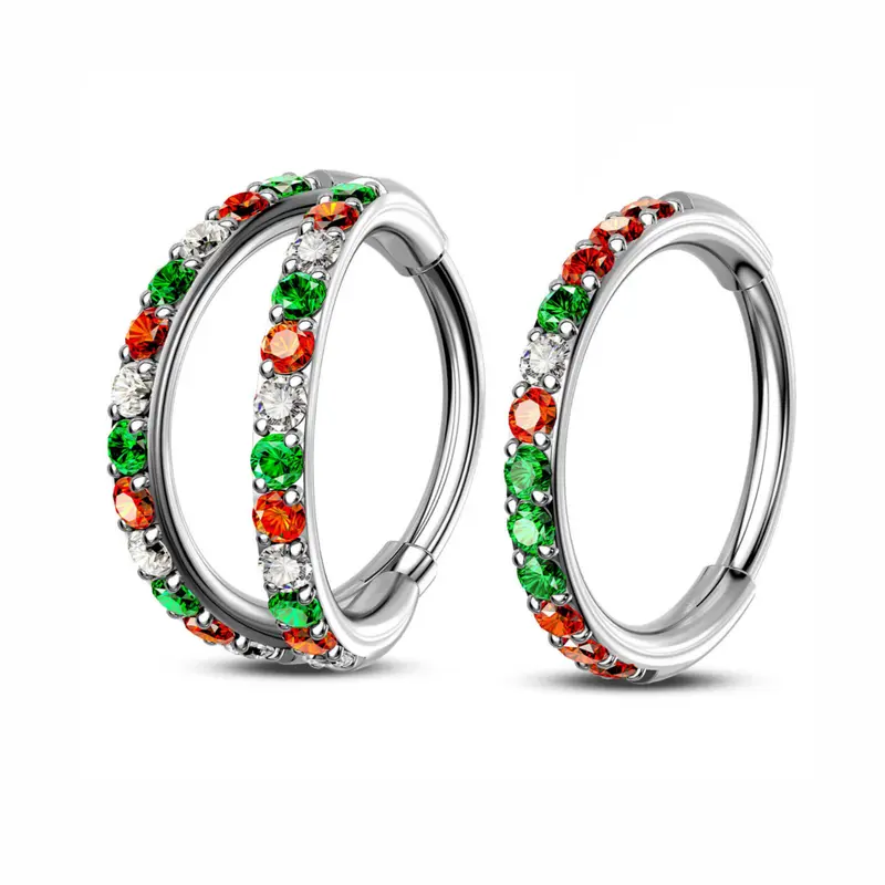 Oufer 20G/18G Christmas Color Combo Nose Hoop with Red & Green CZ Stones 316L Stainless Steel Non Tarnish Hinged Segment Hoop for Cartilage Piercing