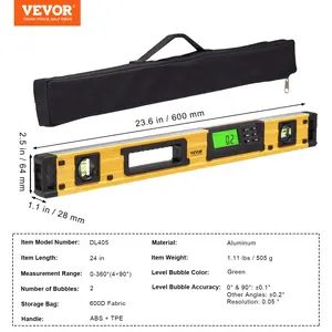 VEVOR Magnetic Torpedo Level, 600mm, LED Backlit Screen Mechanical Bubble Vials Ruler for 0-360 Degree, Gravity Sensor Aluminum Alloy Leveler Tool w/ Viewing Window, Shock-Resistant for Plumbing, Wood