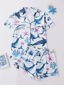 Women's Casual Sleepwear Set, Pajama Set, Whale Pattern, Lapel Design, Front Button Short Sleeve, Comfortable Home Wear for Daily Use