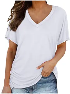 Women's Short Sleeve V-Neck Dolman Top with Side Shirring, Loose Fit Design for Comfortable Wear, Perfect for Casual