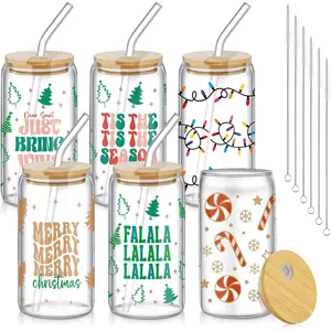 6 count Christmas Glasses 16 oz Xmas Glass Cups with Lid and Straw Can Shaped  Tumbler Christmas Appreciation Gifts for Women Teenager Birthday Party Favor