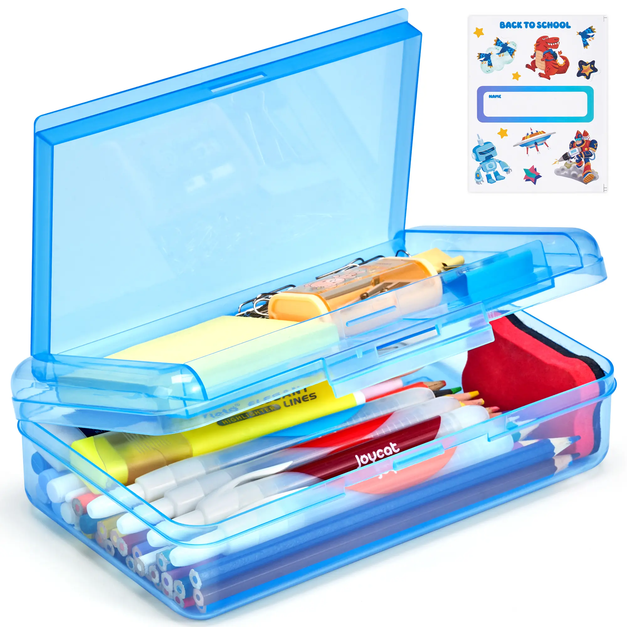 GAMENOTE Double-Layer Hard Plastic Pencil Box with Latch, Large Student Supplies Organizer with Personalized Stickers, Pencil Holder for Writing Tools Storage & Back to School Haul