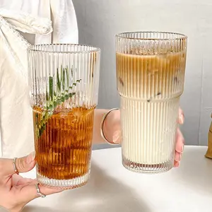 Set of 8 Oversize Ribbed Glassware, 20oz Vintage Clear Glass Tumbler, Large capacity, Origami Style, Fluted Design, Ideal for Water, Iced Coffee, Beer, Tea, Latte, Housewarming Gift
