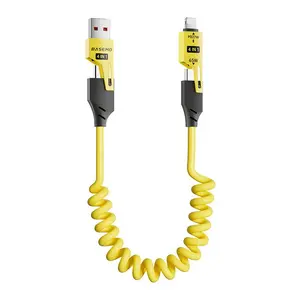 Portable Power charging cable with retractable design, 4-in-1 functionality, dual ports, compatible with iPhone and Type-C devices. Supports fast charging, coiled for easy storage, ideal for in-car and daily use, keeping devices powered anytime, anywhere.
