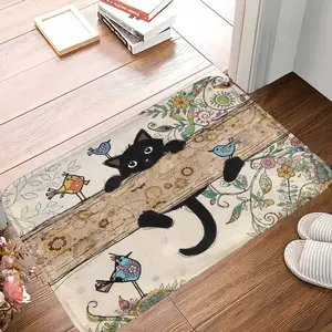 Vintage Black Cat Rug with Floral-Bird Print, Whimsical Art, Cottagecore Aesthetic, Non-Slip Soft Whimsical Home Decor, Perfect for Bathroom, Kitchen, Gift for Cat Lovers