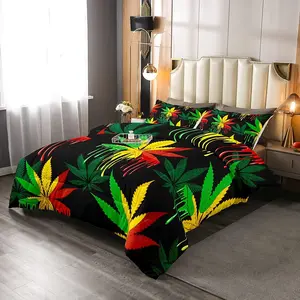 Cannabis Leaf Designer Comforter Set - Luxury Decorative Bedding Set with Bright Colorful Leaf Pattern Duvet