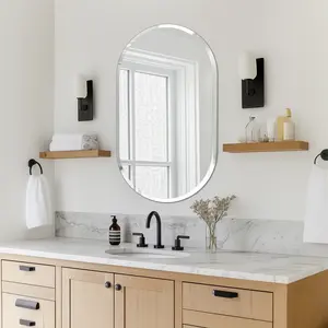 Silver Frameless Long Oval Wall Glass Mirror for Bathroom Vanity