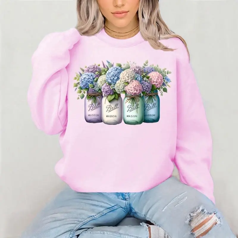 Mason Jar Hydrangeas Crewneck Sweatshirt Gildan Everyday Style Super Soft Unisex Fit Streetwear Graphic Top warm Womenswear Casual Printed Long Sleeved
