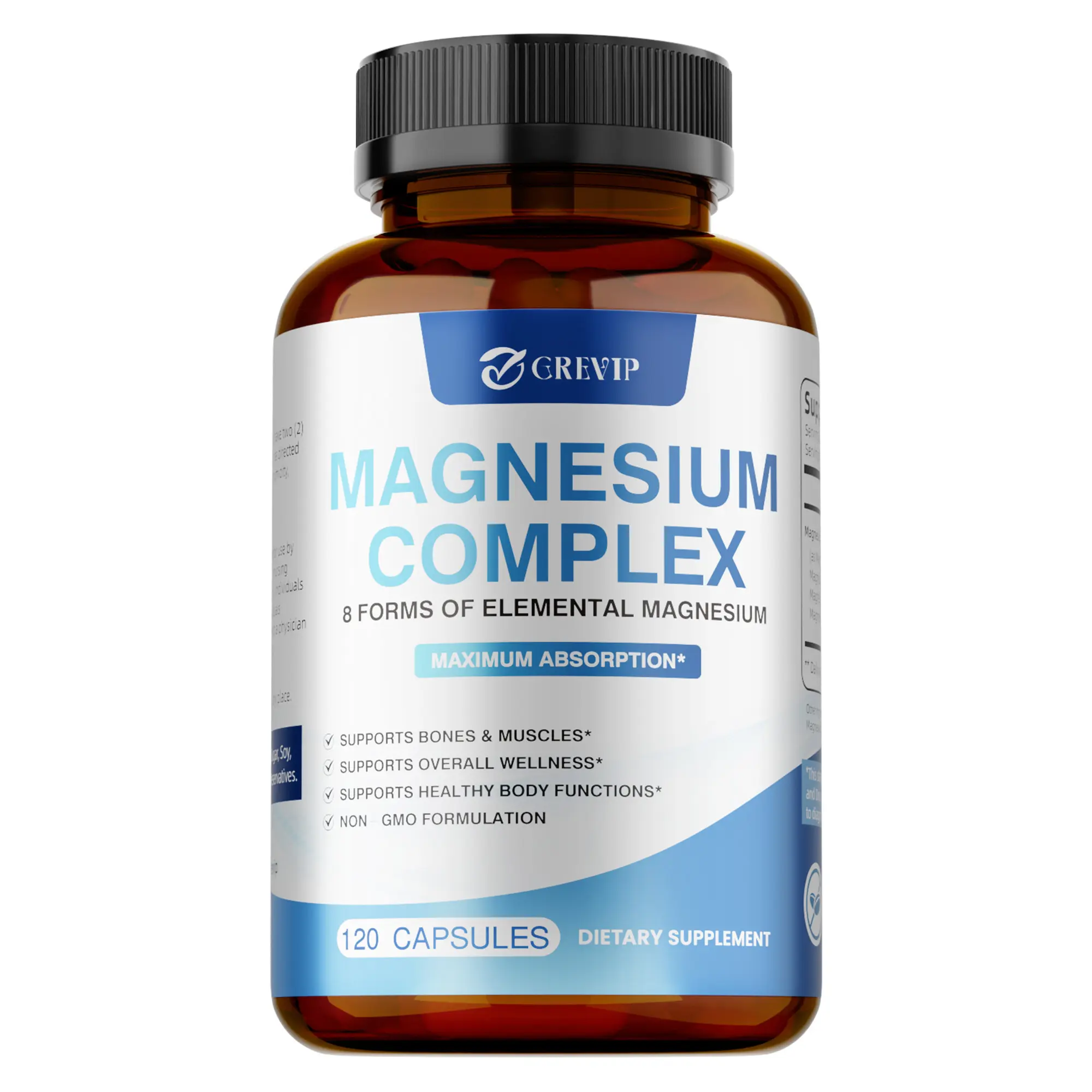GREVIP Magnesium Complex - 8 Elements of Magnesium - Highly Absorbable - Supports Bones and Muscles, Healthy Body Functions - 120 Capsules/Multiple Bottles